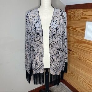 Hale Bob Silk Fringe Velvet Burnout Kimono Medium Blue Black Paisley Sheer Boho